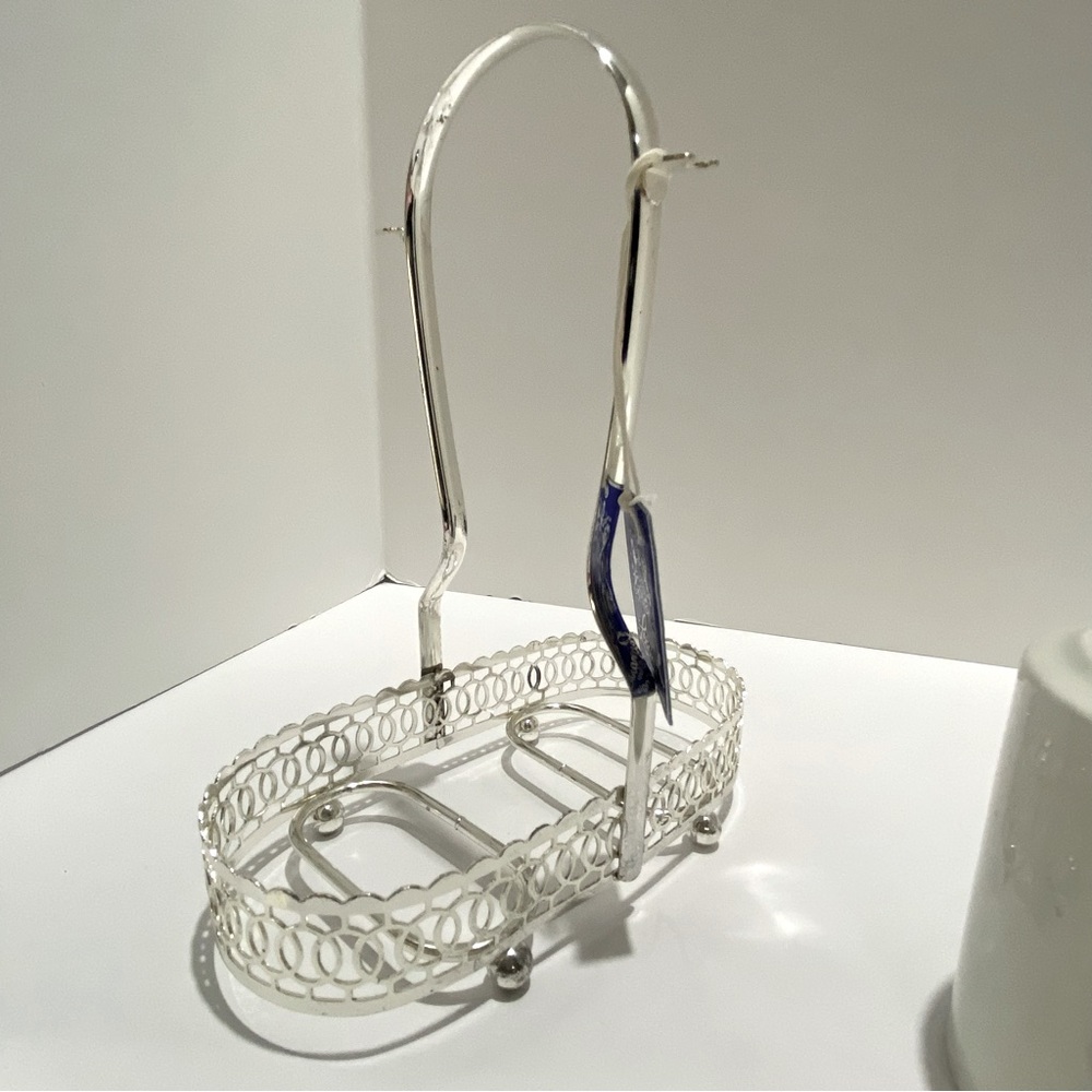 VTG Leonard Silver Sheffield England Condiment Set Blue & White w/Spoons & Stand - Picture 9 of 11